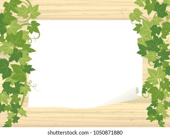 Fresh ivy leaf vector frame on wooden texture background. 