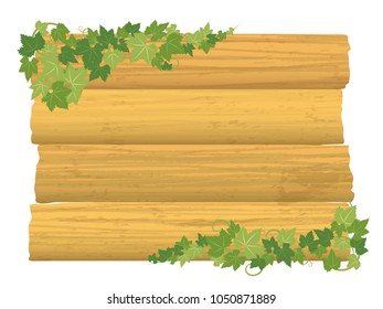Fresh ivy leaf vector frame on wooden texture background. 