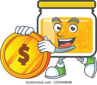 Fresh jam in jar cartoon character bring coin.
