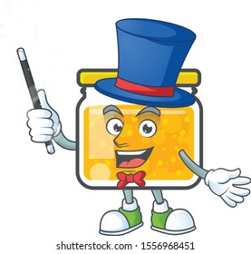 Fresh jam in jar cartoon character magician.