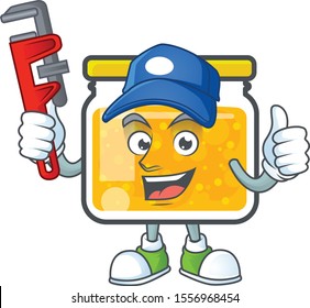 Fresh jam in jar cartoon character plumber.