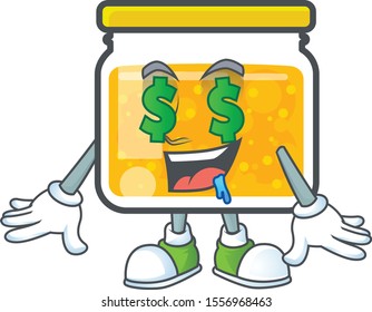 Fresh jam in jar cartoon character money eye.