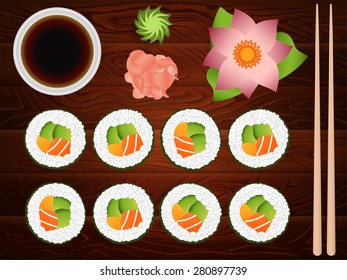 Fresh japanese sushi roll with soy sause ang ginger on wooden table. Vector image can be used for restaurant and cafe menu design, food posters, print cards and other crafts.