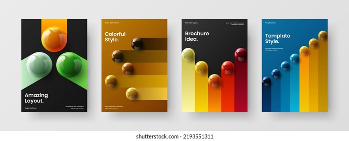Fresh journal cover design vector layout composition. Trendy realistic spheres flyer concept set.