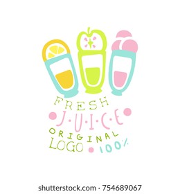 Fresh juice 100 percent original logo, drinks label, eco product badge, menu element colorful hand drawn vector Illustration on a white background