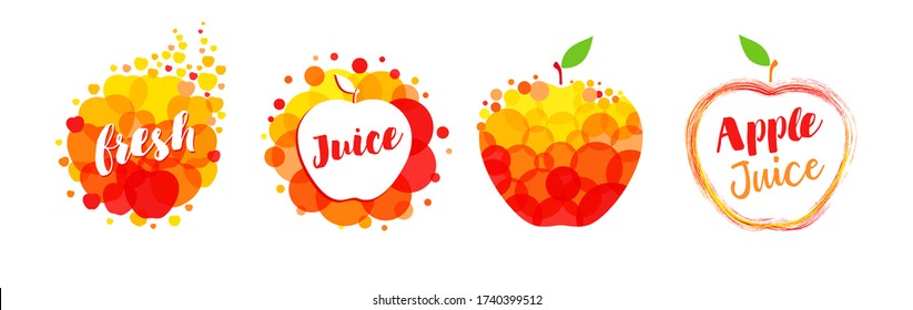 Fresh juice apple, papaya, orange, mango label splash set design. Orange and yellow drops bubbly logo on white background. Lime and lemon juice design, creative vector illustration