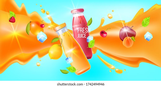 Fondo de zumo natural con botellas, salpicaduras, fruta exótica, hielo, hojas. Pancarta de bebidas frías de verano con naranja, manzana, mango, melocotón, limón, cereza. Ilustración de bebidas tropicales en estilo realista