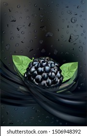 Fresh juice with blackberry. Drop juice. Fruit splashes. 3D realistic black raspberry close up. Beautiful illustration. Drink, cocktail. Vector illustration