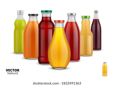 Fresh juice bottles. Isolated fruit juice glass bottles with label design. Healthy natural drink package. Fresh organic juice drink beverage vector illustration