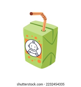 Fresh juice box for children cartoon illustration. Cute baby food or product isolated on white background. Complementary food, nutrition concept.