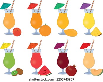 Fresh juice cocktails collection in high glass with drinking straw and cocktail umbrella vector illustration