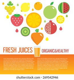 Fresh juice colorful round fruit icon set for market or cafe. Vector modern illustration, stylish design element