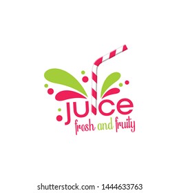 Fresh Juice Emblem with straw and drops splashed fun style vector template