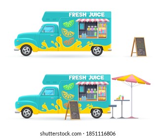 Fresh juice food truck isolated vector retro van with cold drinks, beach umbrella chalkboard menu and table with chair. Cartoon transportation car for street or beach beverages selling, cafe on wheels