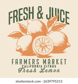 Fresh and juice framers market.  summer fruit design , vintage grunge food fashion. typography slogan text print design, California Malibu, fruit print graphics for t-shirt Design. Fruit vintage tee
