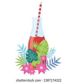 fresh juice fruit in botttle with straw in floral decoration