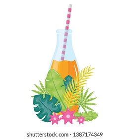 fresh juice fruit in botttle with straw in floral decoration