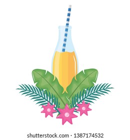 fresh juice fruit in botttle with straw in floral decoration