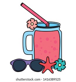 fresh juice fruit jar with straw and sunglasses