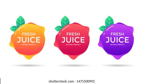 Fresh Juice fruit label or icon. Sticker design for orange, grape, berry natural drink.