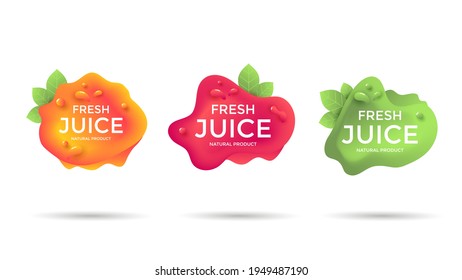 Fresh Juice fruit label or tag. Fluid form Sticker design for natural drink orange, red and green colors. Vector