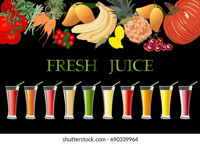 Fresh Juice. Fruit and Vegetable Fresh Juice with illustration of vegetable and fruit on black.