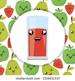 fresh juice fruits in glass kawaii characters
