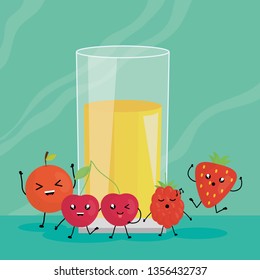 fresh juice fruits in glass kawaii characters