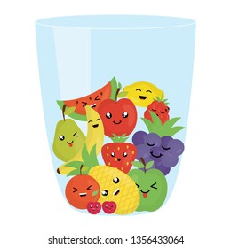 fresh juice fruits in glass kawaii characters