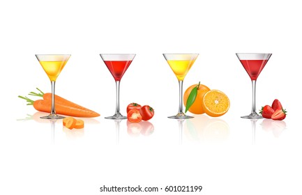 Fresh juice from fruits and vegetables, Strawberry, Orange, Tomato and Carrot in a glass isolated on a white background, vector illustration.
