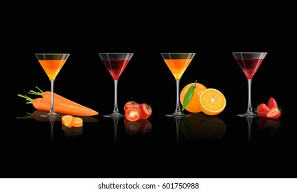 Fresh juice from fruits and vegetables, Strawberry, Orange, Tomato and Carrot in a glass isolated on black background, vector illustration.