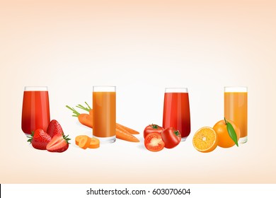 Fresh juice from fruits and vegetables, Strawberry, Orange, Tomato and Carrot in a glass isolated on yellow background, vector illustration.