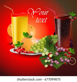 Fresh juice in a glass with fruits on a bright background. Orange, cherry, grapes on the plate. Vector illustration