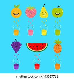 Fresh juice and glasses. Apple, strawberry, pear, orange, grape, watermelon, pineaple fruit with faces. Smiling cute cartoon character set. Natural product Juicing drops. Flat design Vector