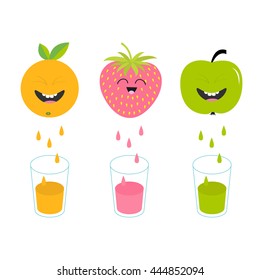 Fresh juice and glasses. Apple, strawberry, orange fruit with faces. Smiling cute cartoon character set. Natural product. Juicing drops. Flat design. White background. Isolated. Vector illustration