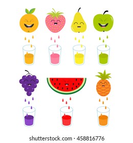 Fresh juice and glasses. Apple, strawberry, pear, orange, grape, watermelon, pineapple fruit with faces. Smiling cute cartoon character set. Natural product Juicing drops. Flat design. Isolated Vector