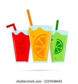 Fresh juice in glasses with citrus fruit on a white background. fresh juice icon, vector tropical juice. Mix of lime, grapefruit and orange.