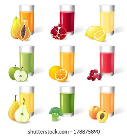 Fresh juice in glasses with fruits