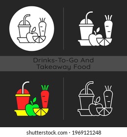 Fresh juice to go dark theme icon. Fruit and vegetable smoothies. Balanced diet. Meal replace. Blending ingredients. Linear white, simple glyph and RGB color styles. Isolated vector illustrations