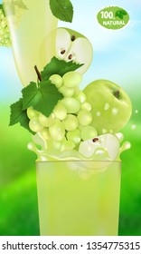 Fresh juice Grape and Apple with splash. Flow of liquid with drops and sweet  fruit 3d realistic vector illustration on the background of nature. Package design or poster, advertising.