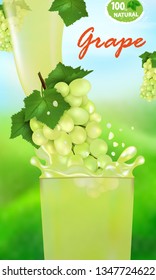 Fresh juice Grape and splash. Flow of liquid with drops and sweet tropical fruit 3d realistic vector illustration on the background of nature. Package design or poster, advertising.