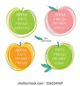 Fresh juice -  Health Food Headings vector set  - Apple juice circle stickers with inscription fresh. Calligraphic Organic food hand drawn icons collection isolated on white background. Eps 10.