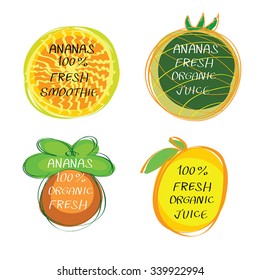 Fresh juice -  Health Food Headings vector set  - Ananas juice circle stickers with inscription fresh. Calligraphic Organic food hand drawn icons collection isolated on white background. Eps 10.