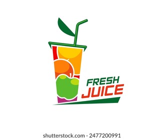 Icono de jugo fresco para bebida de mezcla de frutas o etiqueta de batido en taza con paja de beber, emblema de Vector. Bebida orgánica natural del jugo de la manzana fresca, naranja y vitamina de los cítricos en la taza del smoothie para la bebida bio