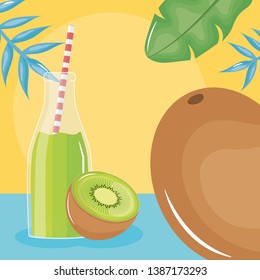 fresh juice kiwi fruit in botttle with straw in leafs palms