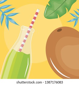 fresh juice kiwi fruit in botttle with straw in leafs palms