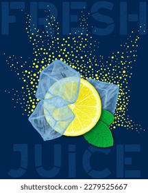 Fresh juice. Lemon slice with ice cubes and juicy splash. Vector template