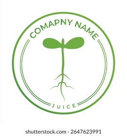 Diseño de logotipo de jugo fresco con brotes y raíces en círculo verde con tipografía con estilo para el nombre y el Producto de la empresa