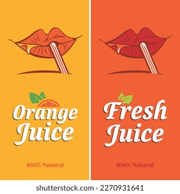 vectores de icono de jugo fresco aislados. Pancarta vectorial, etiqueta o logotipo con inscripción caligráfica Jugo fresco con hojas verdes y gotas de jugo sobre un fondo naranja	
