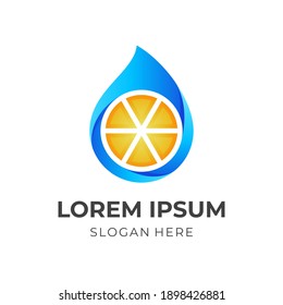 fresh juice logo, juice and lemon, combination logo with 3d  yellow and blue color style